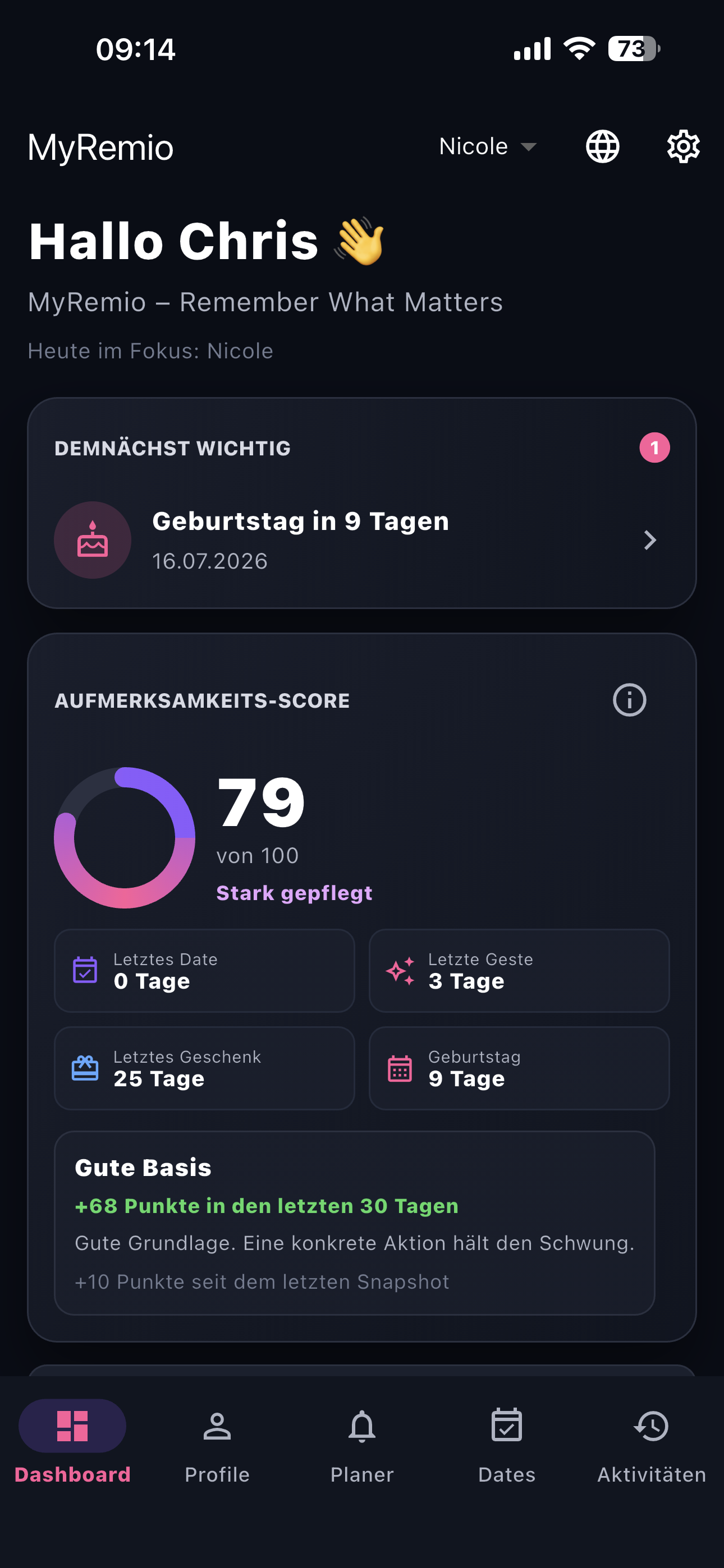 Dashboard der Remio App