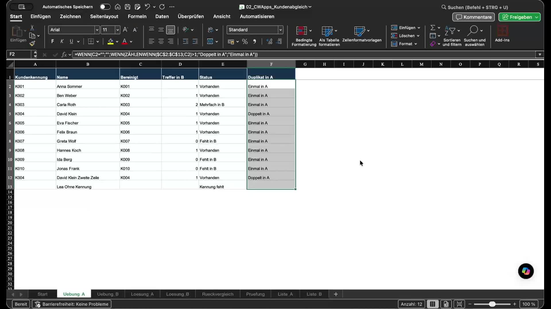 Excel-Beispiel mit Treffern, fehlenden Kennungen und Duplikaten